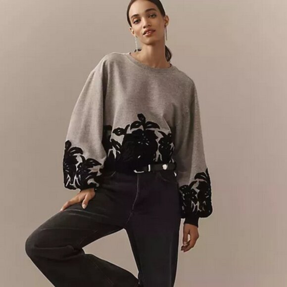 By Anthropologie Velvet Appliqué Sweatshirt Embroidered Top - Picture 1 of 2